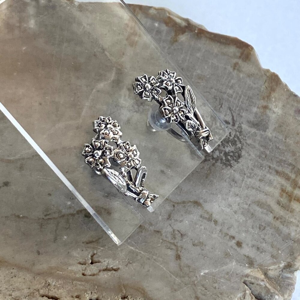 VTG Sterling Silver 925 Marcasite Flower Floral Dainty Screwback Earrings - Picture 3 of 12